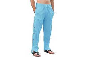 TRFIC Casual Linen Pants Men Button Straight Yoga Pants Drawstring Elastic Waist with Pockets Beach Pants