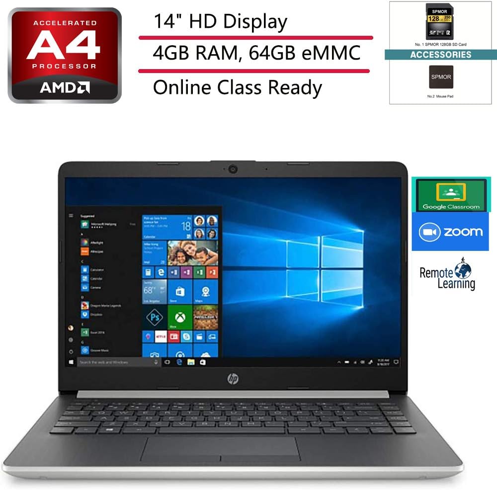 (Renewed) HP 14 14" Laptop Computer, AMD A4-9125 up to 2.6GHz, 4GB DDR4 RAM, 64GB eMMC, 802.11ac WiFi, Bluetooth 4.2, Windows 10 in S, Online Class Ready, Webcam, SPMOR Mouse Pad + 128GB SD Card