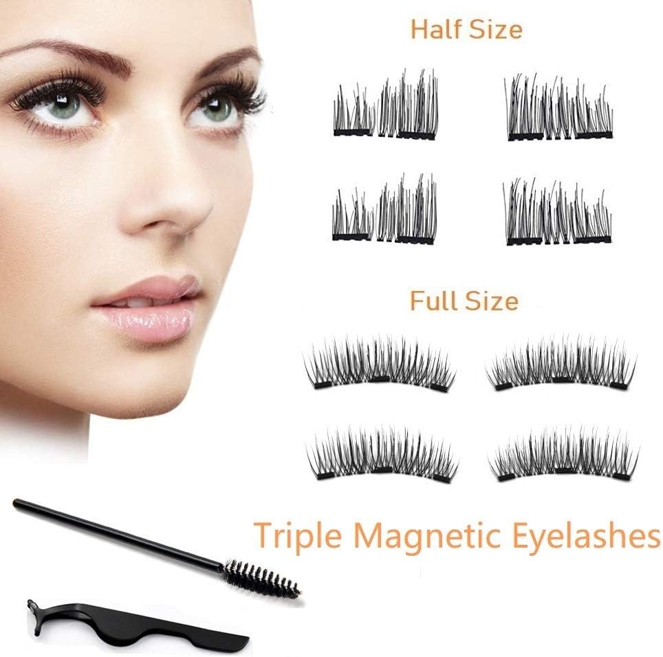 Premium Magnetic Eyelashes Extension Set, Coco Makeup Half-size and Full-Size Ultra-thin Magnetic Lashes – 3D Reusable Natural Look (8PSc/ 2 pairs with Stainless Steel Tweezer) (Triple Magnetic)
