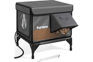 LAMLINGO Outdoor Heated Cat House in Winter,Extremely Insulated & Weatherproof,Elevated Feral Cat Shelter with Waterproof Eaves & Escape Door for Outside Stray Barn Cat (Dark Grey,S)