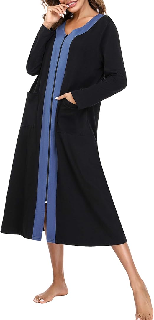 Aibrou Womens Zipper Front Robes Cotton Loungewear Full Length