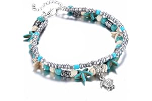 TTPAIAI 30 Blue Starfish Turtle Anklet for Women Multilayer Charm Beads Sea Handmade Boho Anklet Foot Jewelry