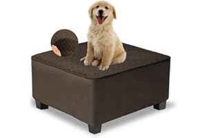 NeColorLife Waterproof Square Ottoman Cover,Thick Stretch Velvet Slipcover for Footstool,Non-Slip Soft Furniture Protector for Pets and Dogs,Coffee,Medium