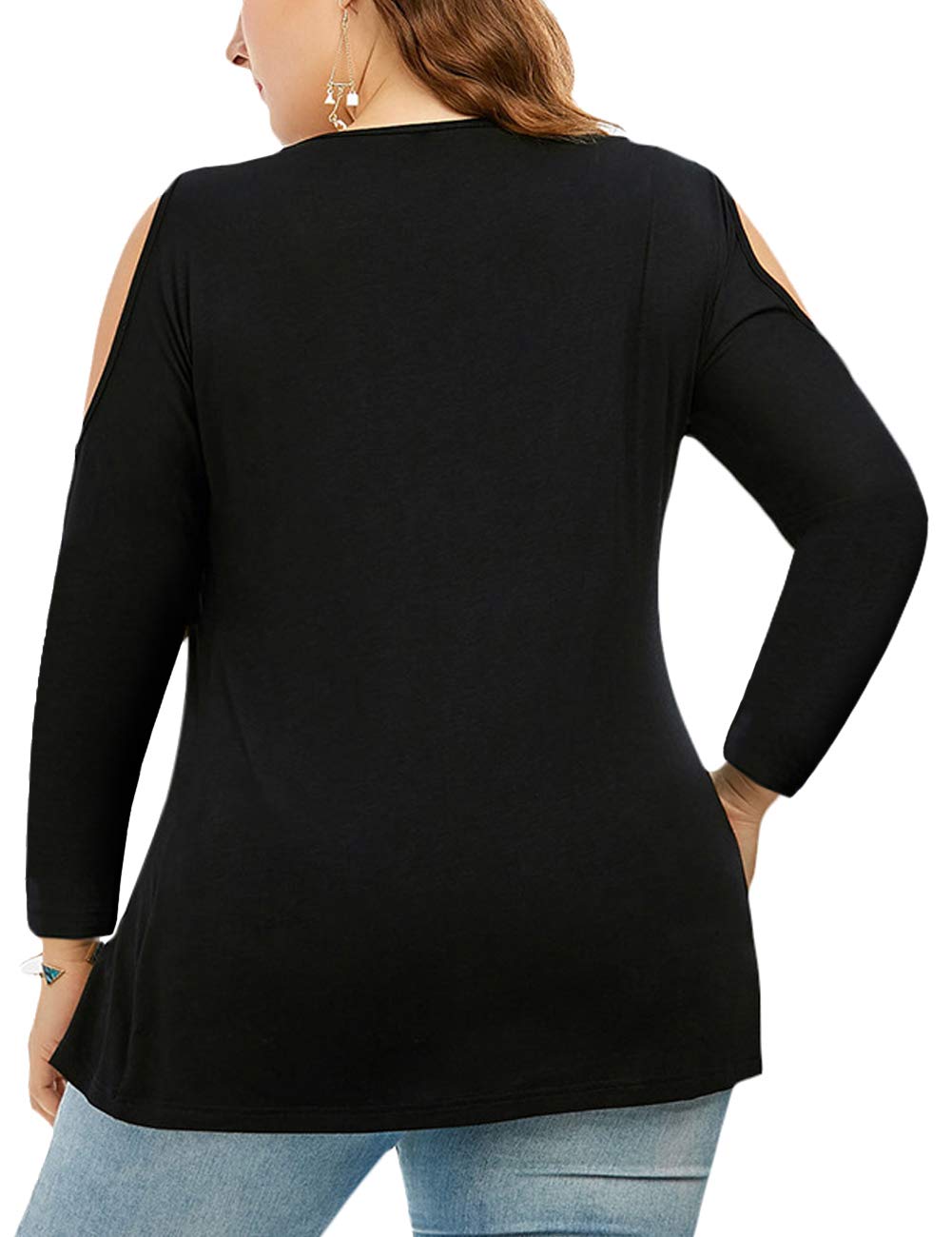 Promaska Cold Shoulder Tops for Women Plus Size, Ladies Long Sleeve Deep V Neck Fashion 2019 Lace Shirts Pleated Front Solid Color Flowy Tunic Blouses Black 3X