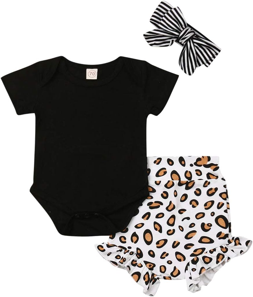 Newborn Infant Baby Girls Black Short/Long Sleeve Romper Top Leopard Print Ruffled Shorts Pants Headband 3Pcs Outfit