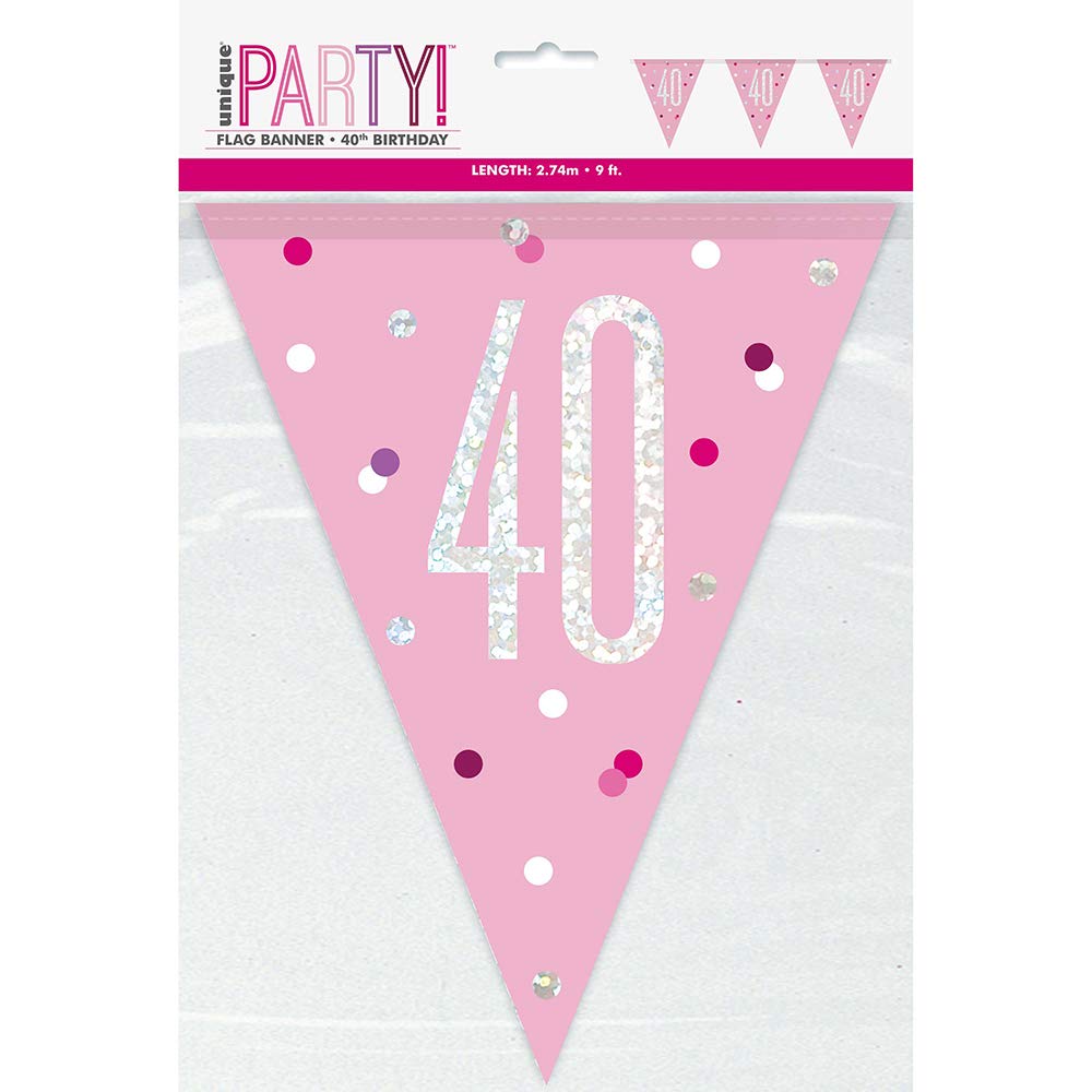 "40" Plastic Pennant Banner - 9' | Pink and Silver | 1 Pc.
