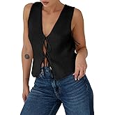 Yousify Womens Sweater Vests Tie Front Knit Vest Summer Ribbed Tank Tops Y2k Cute Vests Fashion Casual Sleeveless Tops