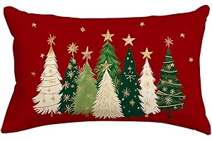 RABUSOFA Christmas Tree Pillow Covers 12x20 Inch,Watercolor Christmas Decorations Pillows Decorative Throw Pillows Stars Xmas Lumbar Cushion Case for Home Decor Couch Winter Holiday(4-Red)
