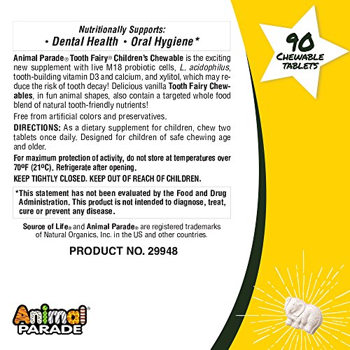 NaturesPlus Animal Parade Source of Life Tooth Fairy Children's Chewable - Natural Vanilla Flavor - 90 Animal Shaped Tablets - Dental Health Supplement - Vegetarian, Gluten-Free - 45 Servings