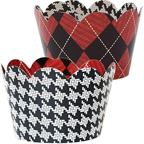 Plaid Party Decorations, 36 Reversible Cupcake Wrappers, Red and Black Argyle Reverses to Black and White Houndstooth Checkered Cup Cake Holders, Little Man Theme Baby Shower Supplies