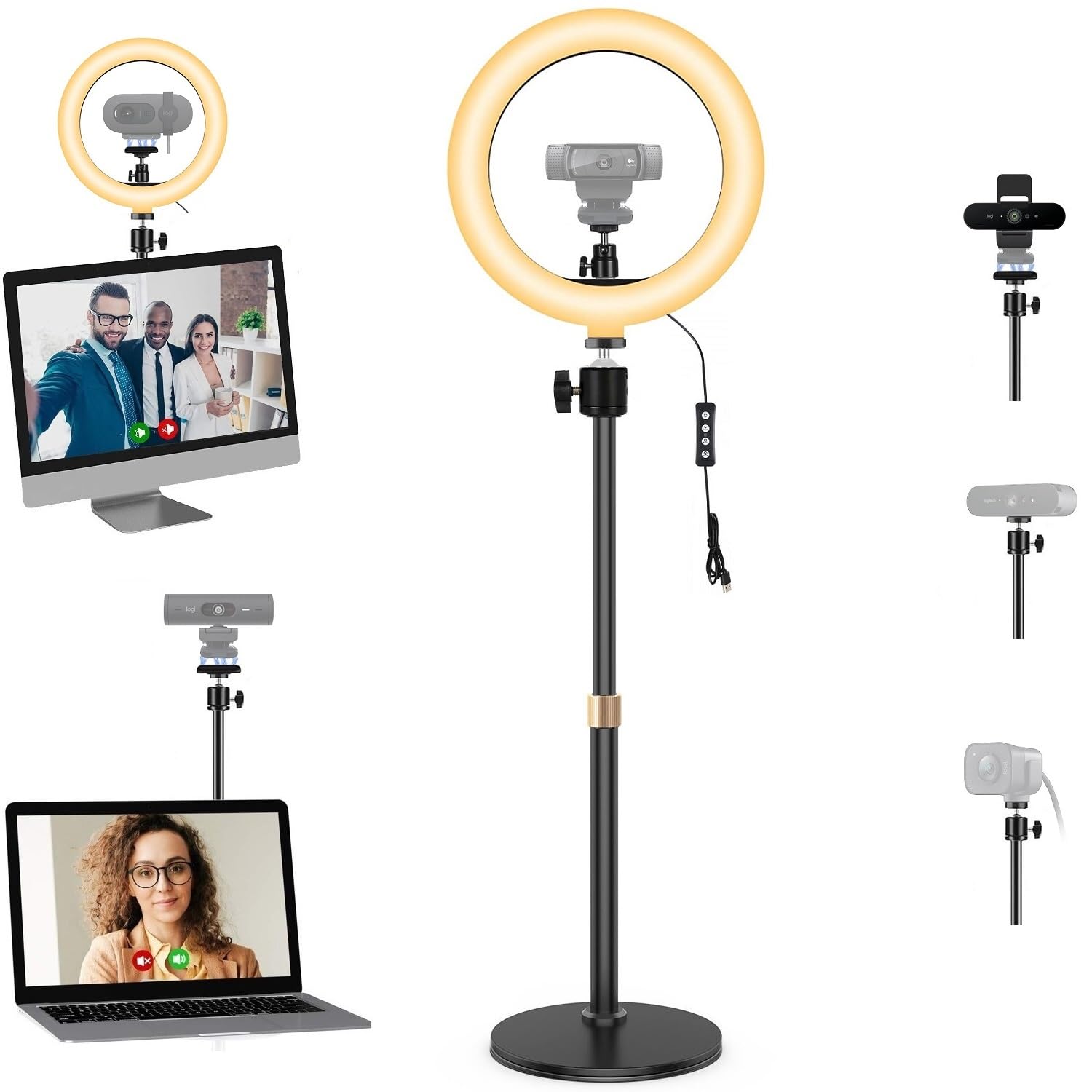Webcam Selfie Light Stand,26cm Ring Light with Desktop Holder and Magnetic Mount compatible with Logitech C920 StreamCam C922 C930 C925 C615 BrioWebcams