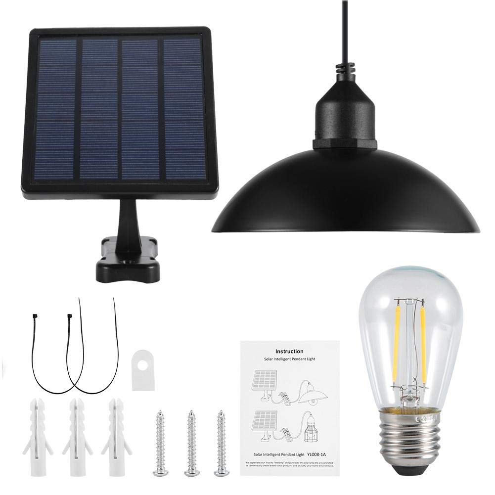 Solar Powered Pendant Light, Outdoor Hanging Shed Lamp with Metal Shade E27 Edison Bulb 16Ft Cord Black Modern Pendant Lamp Kit with Changeable Solar Panel for Garden Patio Home Decorate.