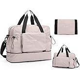 Large Capacity Folding Travel Bag, Expansion Travel Duffel Bag with Dry and Wet Separation, Portable Waterproof Carry on Bag Overnight Bag for Women and Man (White)