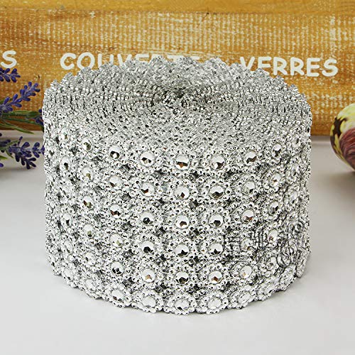 MUZOCT 4" X 10 Yards (30 Feet) Silver Flower Mesh Rhinestone Crystal Diamond Ribbon Wrap for Event Decorations, Wedding Cake, Bridal & Party, Dress Appliques