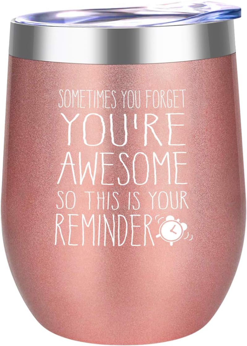 DOERDO You are Awesome Wine Tumbler-Funny Birthday Wine Gifts Ideas for Women, Gifts for Sister, Best Friends, Employee, Coworker, Appreciation Gift,-Wine Tumbler Cup with Lid(12oz, Rose gold)