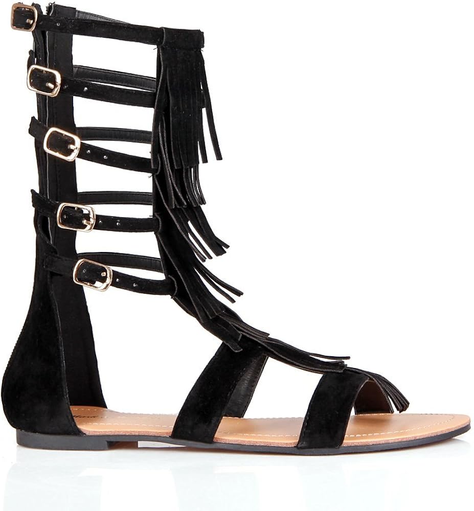 black fringe gladiator sandals