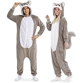 PARTY TELLER Adult Gray Squirrel Onesie Costume - 3D Hooded Animal One-Piece Pajama for Halloween Men Women