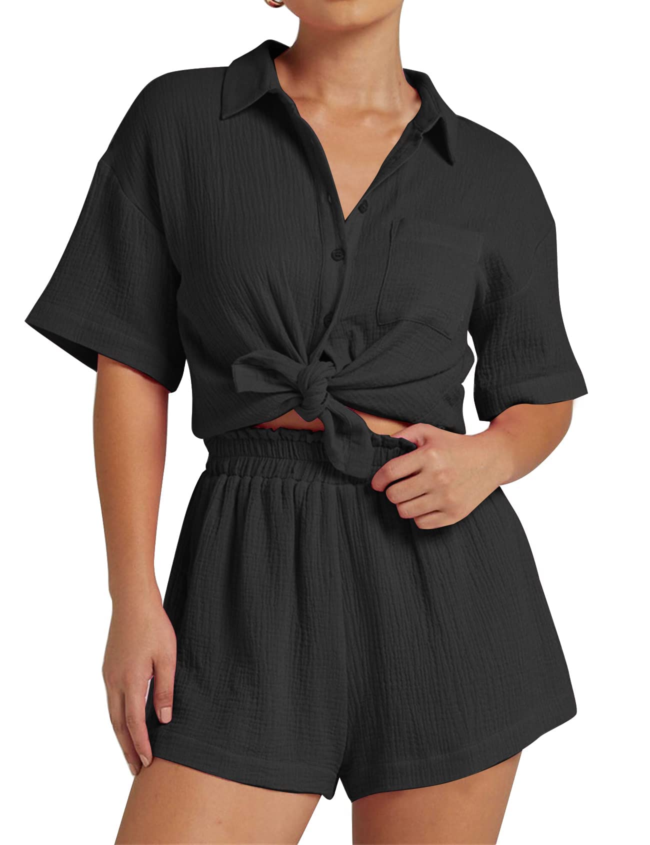 Photo 1 of Flygo Womens Casual 2 Piece Outfits Cotton Linen Sets Button Down Oversized Shirt Shorts 2025 Pajama Lounge Beach Set(Black-XL)