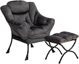 HollyHOME Armchair with Footstool Velvet Lounge Chair Dark Grey Steel Frame