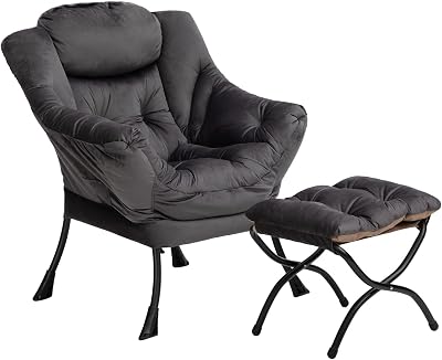 HollyHOME Armchair with Footstool Velvet Lounge Chair Dark Grey Steel Frame