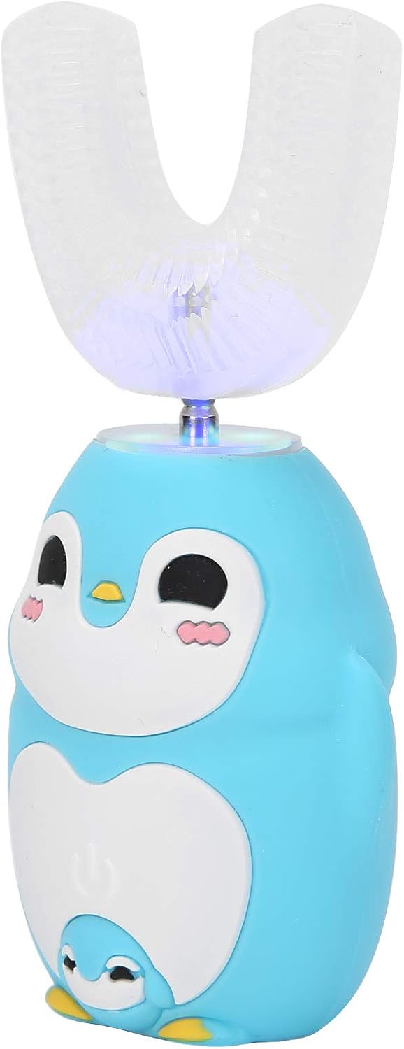 Cepillo de dientes eléctrico para niños, cepillos de dientes de pingüino automáticos en forma de U Cepillo de dientes sónico de 360 ° para niños adolescentes, 3 velocidades y carga USB(azul)