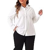 Agnes Orinda Plus Size Button Down Shirts for Women Cotton Polo Collared Long Sleeve Formal Solid Work Shirt Blouses Tops