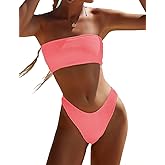 YIMISAN Women's Two Piece Bandeau Swimsuit Ribbed Strapless Tube Bikini Top with Mid Waist Cheeky Bottom Bathing Suit