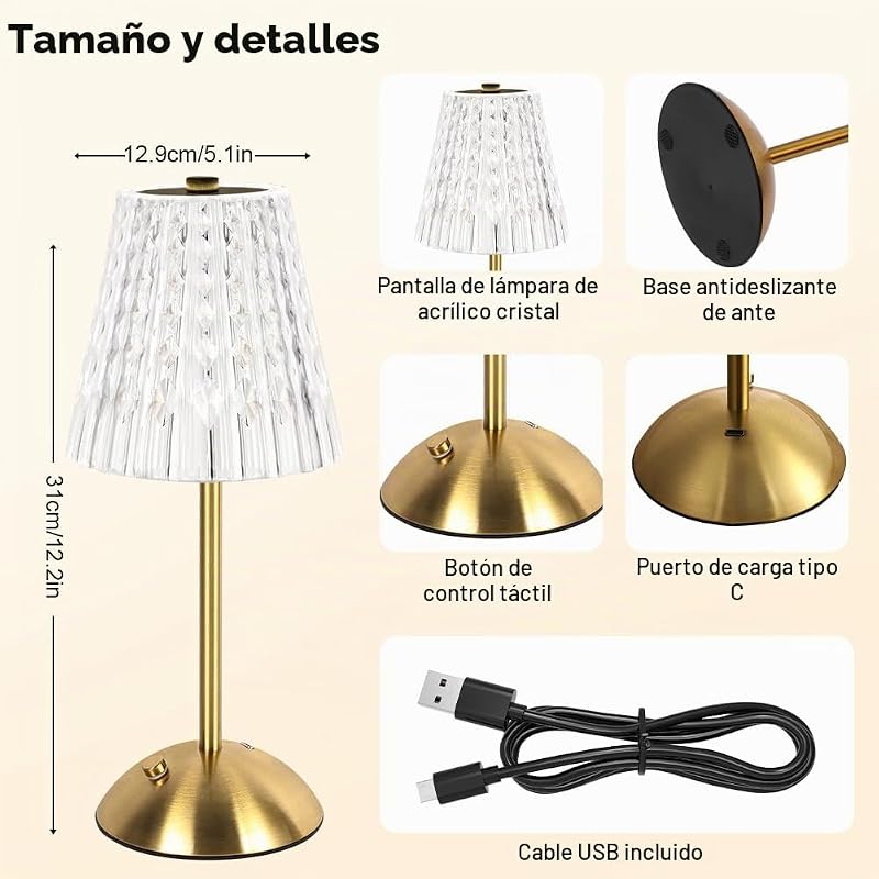 Lampara Inalambrica, 2000mAh Lampara Recargable con USB-C, 3 Temperaturas de Color Toca Cristal Lampara de Mesa, Lámpara de Mesa Inalámbrica para Dormitorio, Cafetería, Bar, Cena (Oro)