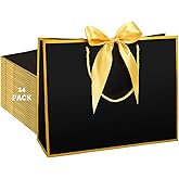 24 Pcs Gift Bags With Handles 12.6x9.8x 4.3in Medium Large Gift Bag with Bow Ribbon Portable Paper Bags for Wedding Thanksgiving Christmas Birthday Housewarming Gifts Bridesmaid Gift Bag Black-Gold