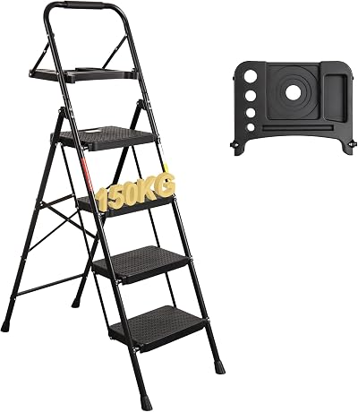 BONTEC 4 Step Folding Ladder 150kg Heavy Duty with Tool Tray and Handrail