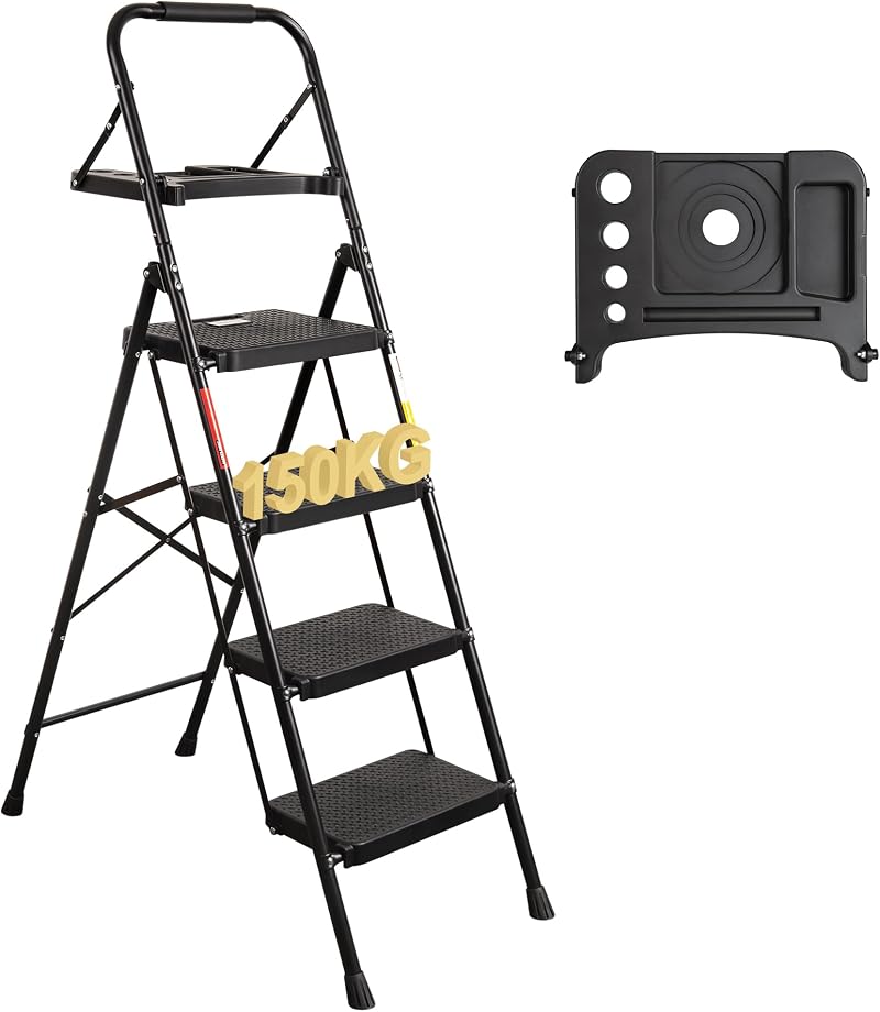 BONTEC 4 Step Folding Ladder 150kg Heavy Duty with Tool Tray and Handrail