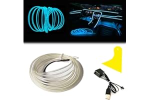 Maxlaxer El Wire Ice Blue Interior Car LED Strip Lights, 5M Neon Wire USB 5V with Fuse Protection for Automotive Interior Decoration, with 6mm Sewing Edge