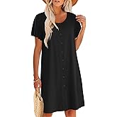 Ekouaer Womens' Cotton Nightgown Ladies Short Sleeve Sleepshirt V Neck Button Down Night Gowns Casual House Dress