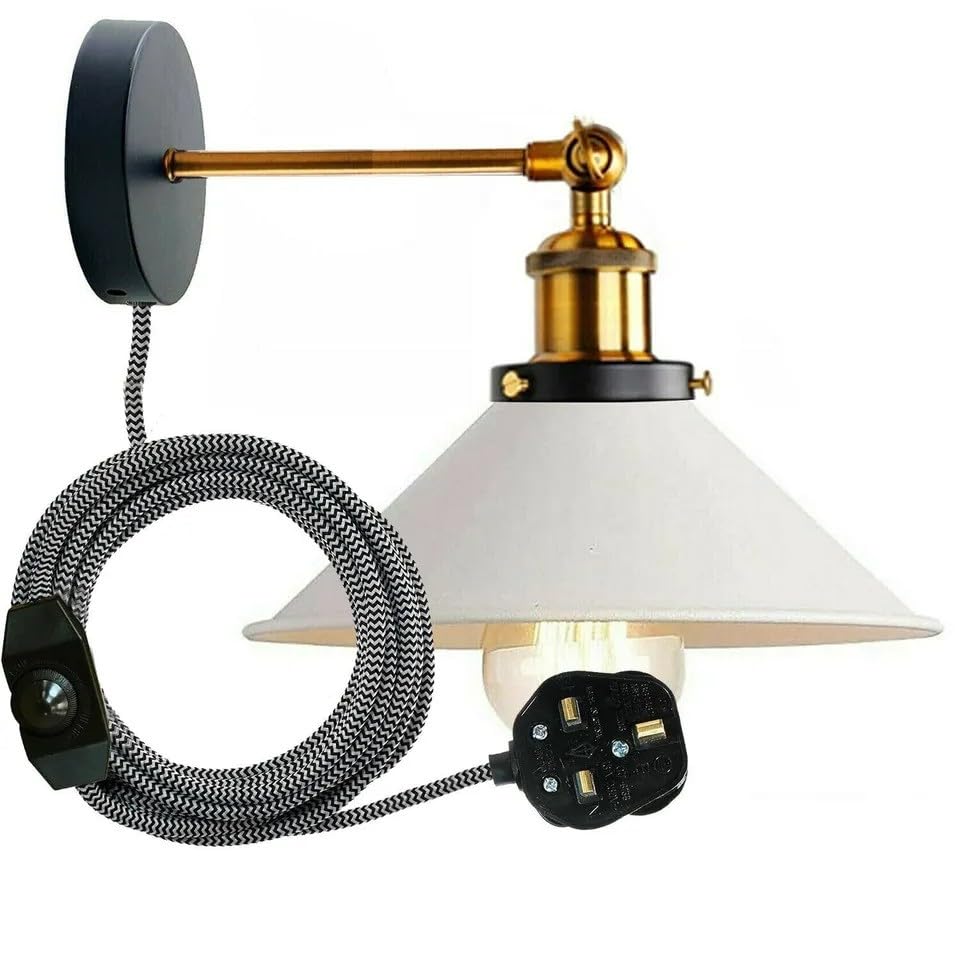 LEDSone Industrial Wall Sconce Adjustable Arm Light dimmer Switch Plug in 22cm White Metal Cone Lamp Shade with E27 Base Wall Lights for Restaurant Office and Indoor Home Decor