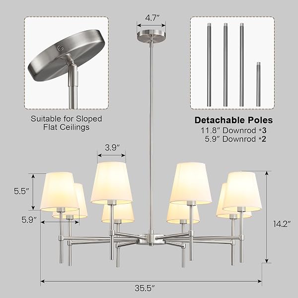 RUIYEY DINING ROOM CHANDELIERS LIGHT – MODERN BRUSHED NICKEL CHANDELIER, 8-LIGHT METAL FARMHOUSE DINING ROOM LIGHT FIXTURE, E26 HANGING PENDENT LIGHTING FOR KITCHEN, LIVING ROOM, FOYER, ENTRANCE