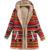OSCORP Women's Winter Vintage Fleece Lined Patchwork Hooded Jacket Plus SizeSherpa Linen Button Up Long Warm Coat