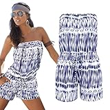 Beauty Decor Women's Casual Tube Top Strapless Printed Beach Short rompers jumpsuits Playsuits Blue/Brown/Orange