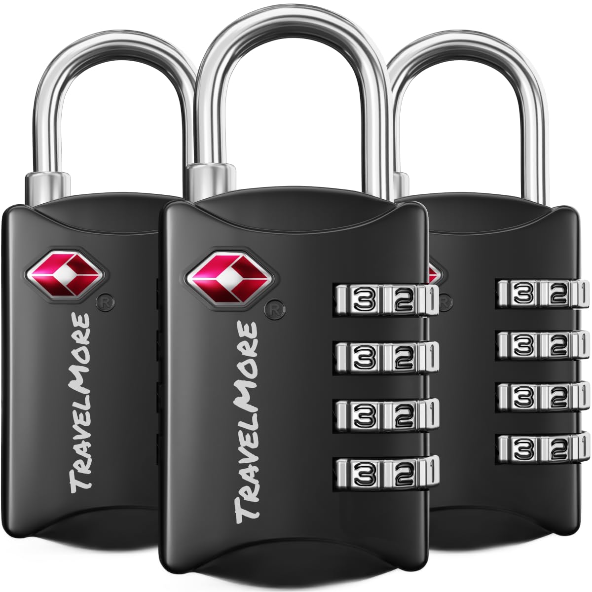 3-Pack TSA Luggage Lock with 4-Digit Combination | Set-Your-Own Padlock for Travel, Baggage, Suitcases & Backpacks | Luggage Locks | TSA Locks | Heavy-Duty Padlock | Black