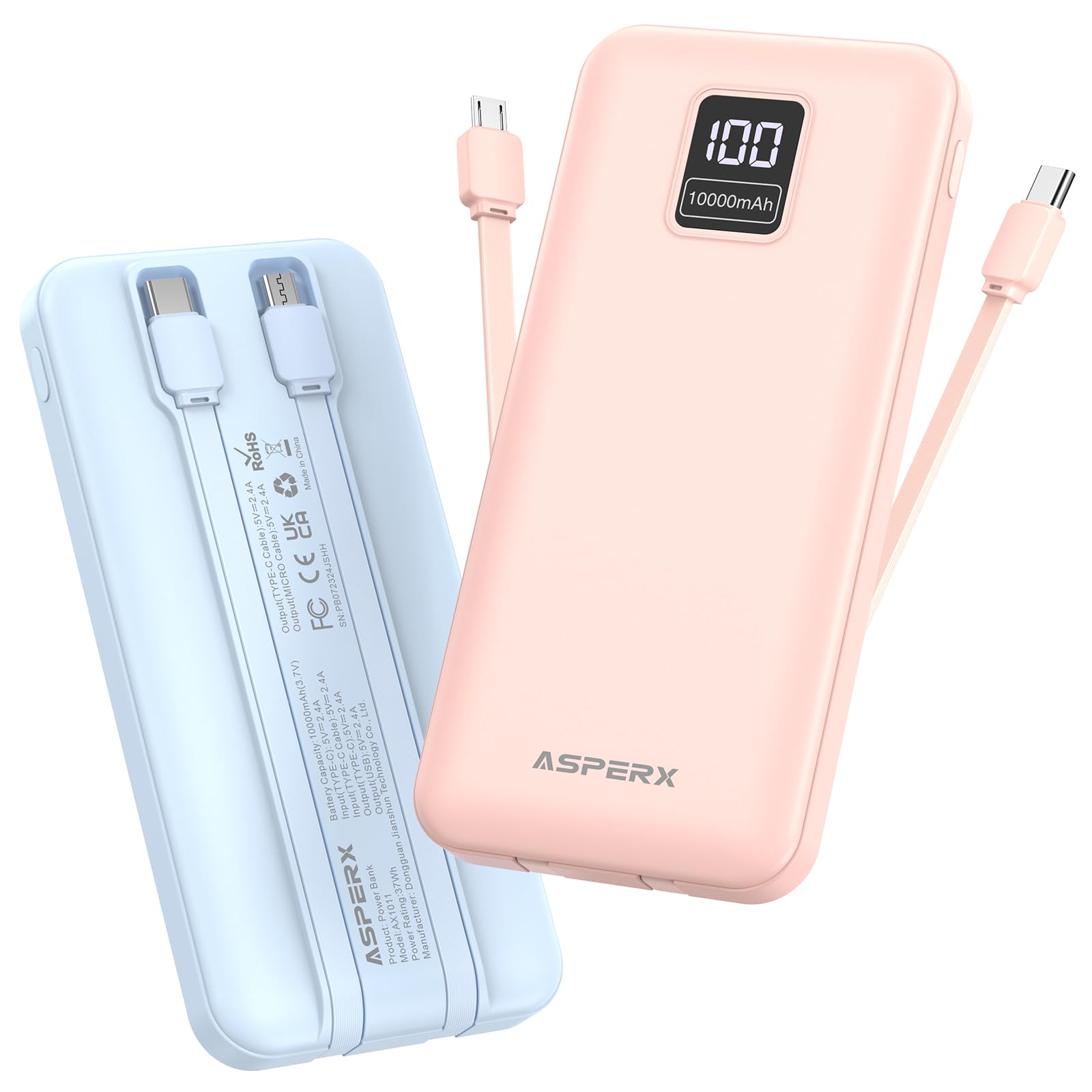 AsperX 2-Pack 10000mAh Portable Charger with Built-in Cables, USB C Travel Essential Battery Pack with 4 Outputs 2 Inputs,LED Display Power Bank with Cord Wires for iPhone Samsung Google Pixel iPad Image