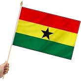 Yingnner 12 Pack Ghana Stick Flags Small 12x18 Inch Ghanaian Hand Held Flags with 24 Inch Wooden Pole Decorations