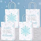Fangleland 16pcs Winter Onederland 1st Birthday Party Favor Bags, Blue Silver Snowflake Paper Gift Treat Bags for Boy’s First Birthday Party Supplies