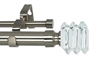 Meriville 1-Inch Diameter Lione Telescoping Double Window Treatment Curtain Rod, Crystal Finial, 28-Inch to 48-Inch, Satin Nickel