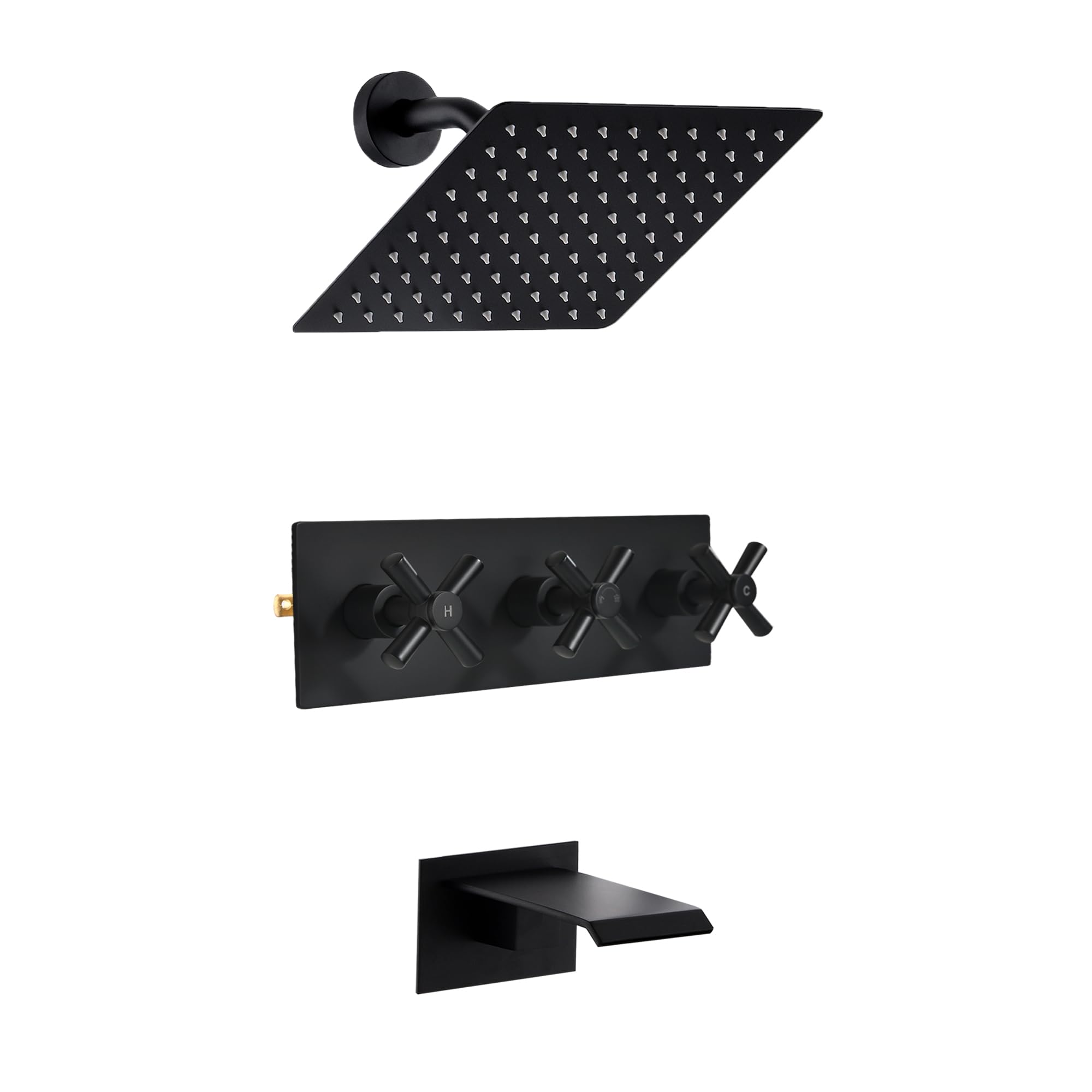 Photo 1 of SUBEIXI 3 Handle Tub Shower Faucet, Matte Black Three Handle Shower Faucet Set with Waterfall Tub Spout and 8" Rainfall Shower Head, 3 knob shower tub faucet set
