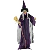 Haunted Hill Farm Life-Size Scary Talking Witch with Broomstick, Halloween Animatronic with Touch Activated Lights and Sound, Battery Operated Indoor or Covered Outdoor Halloween Decorations