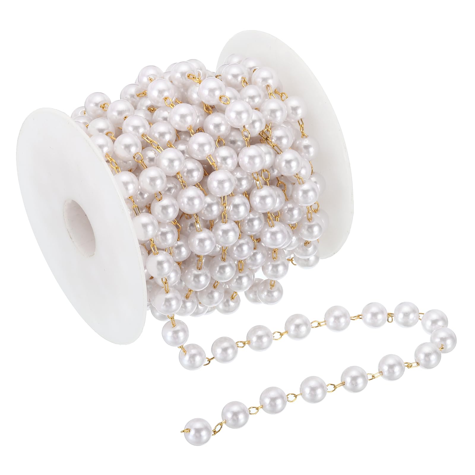 PATIKIL 5m/16 Feet Faux Pearl Beading Chain with Spool, 8mm Brass Chain Link for Decoration Making DIY Accessories Style 1, Dark Gold