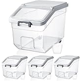 Sunnyray 4 Pcs Rice Storage Container 22 lb Airtight Flour Container with Wheels Measuring Cup Clear Pet Food Cube Dog Cat Birds Food Bin Grain Cereal Organizer Box for Dry Baking Supplies(White Lid)