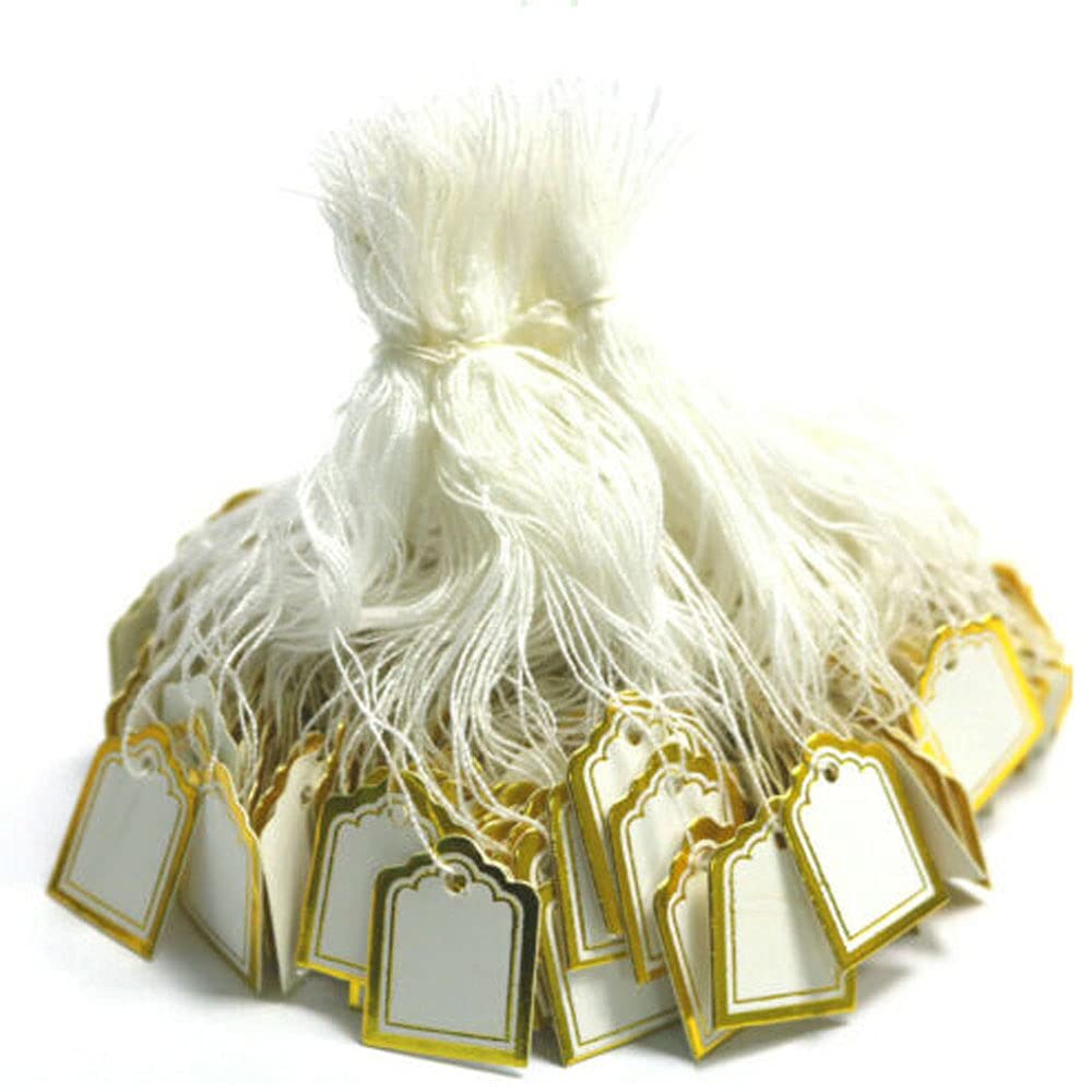 POFET 500pcs White Jewelry Price Tags Clothing Display Tag Gift Message Card Writable Square Paper Price Marking Label with Hanging String