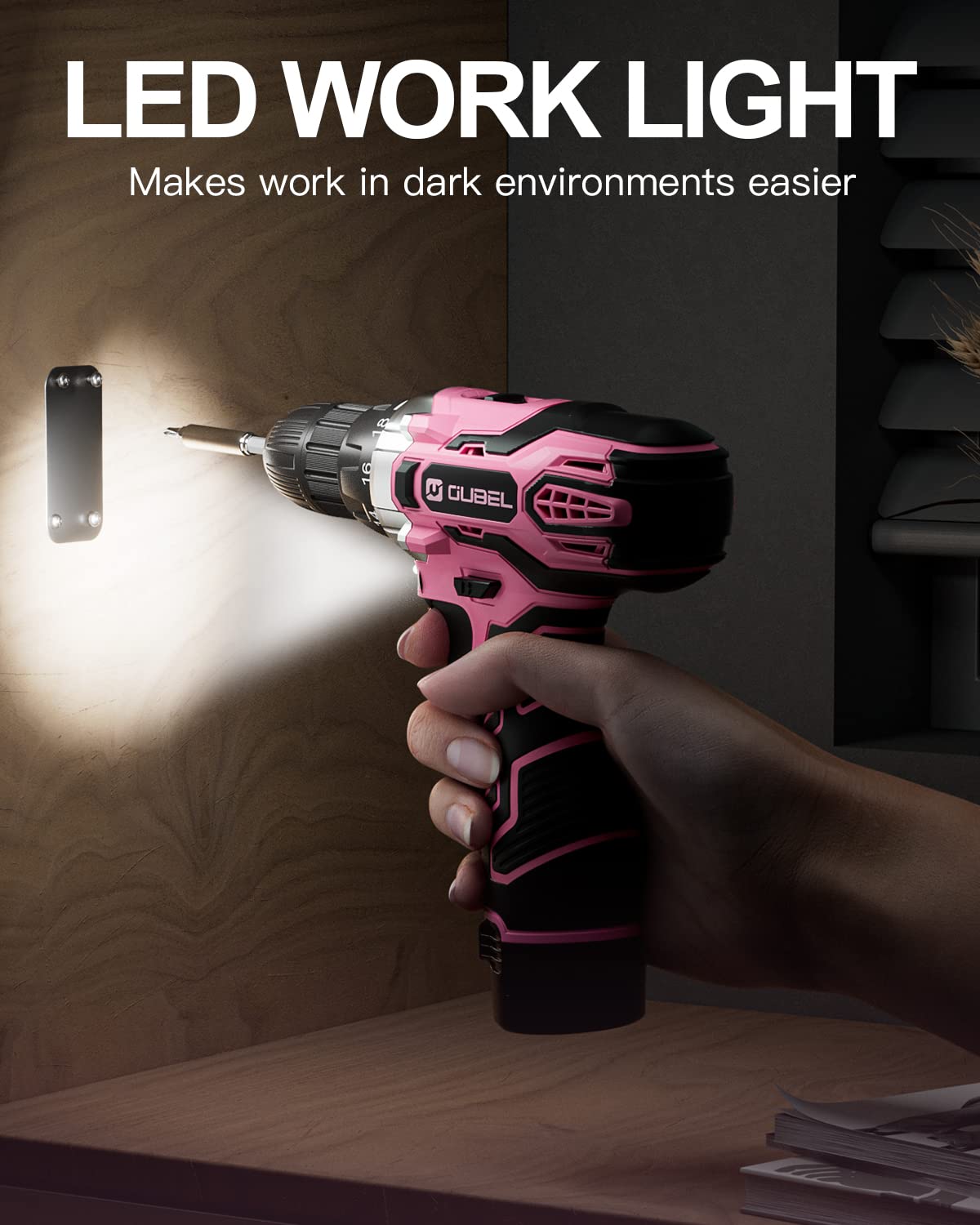 Drill Set, OUBEL 12V Cordless Drill Pink with 42 Acessories, Pink Power Drill Cordless with 3/8