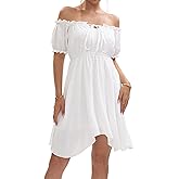 ZUNQKG Womens Off Shoulder Ruffle Puff Sleeve Tie Up Irregular Swiss Dot Mini Cottagecore Dress