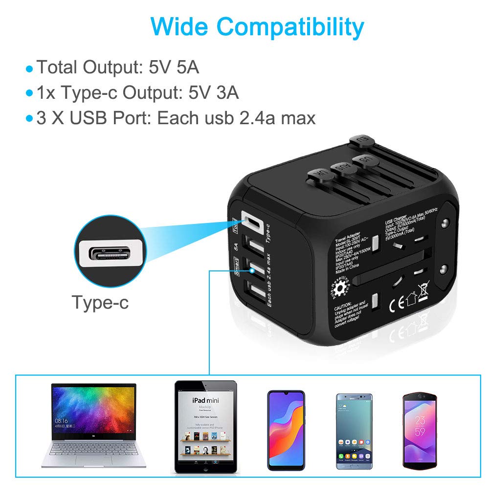 BOLWEO International Travel Adapter with Auto-Reset Fuse, Universal Power Adapters Worldwide US UK EU AU Plug 5A Output, 1 Type C, 3 USB Power Converter AC Outlet Wall Charger (Black)